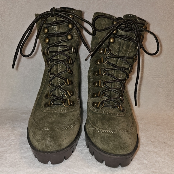 NINE WEST Army Green and Plaid Lace Up High Heel Ankle Boots - Picture 2 of 9